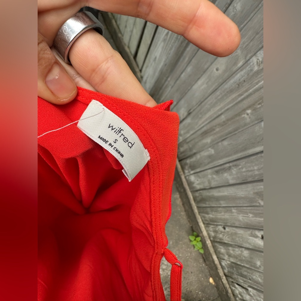 Aritzia Wilfred Engage Dress Red/Orange Rosette Ruffle Asymmetrical Slip Dress - Picture 11 of 13